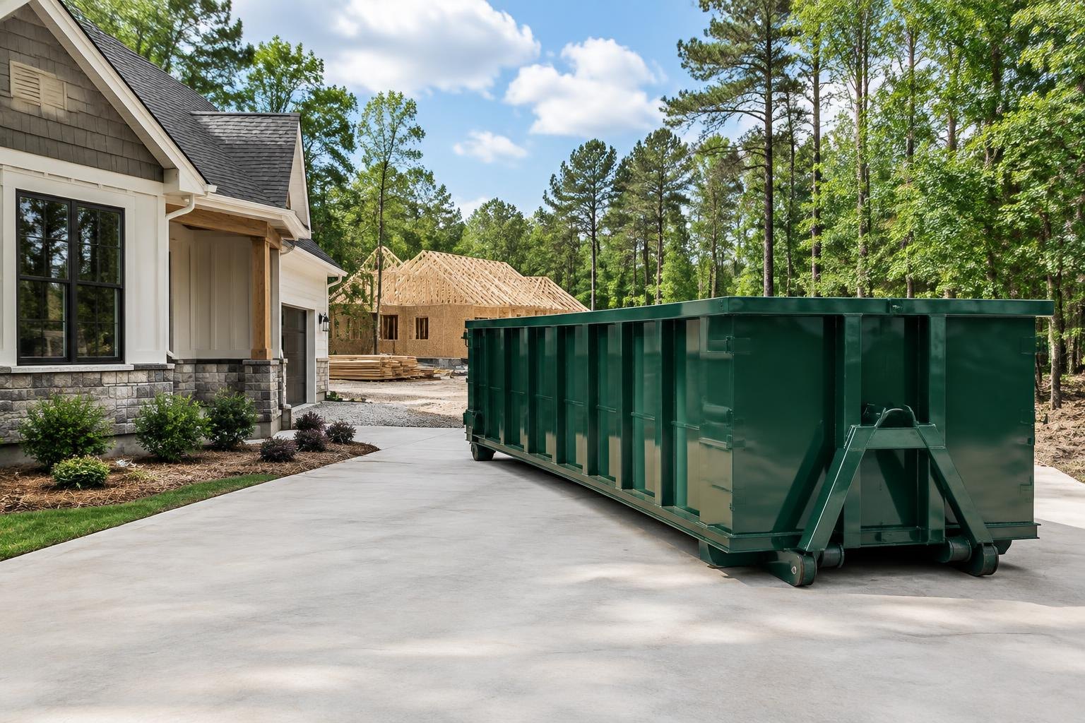 Green roll-off dumpster beside a residential renovation project